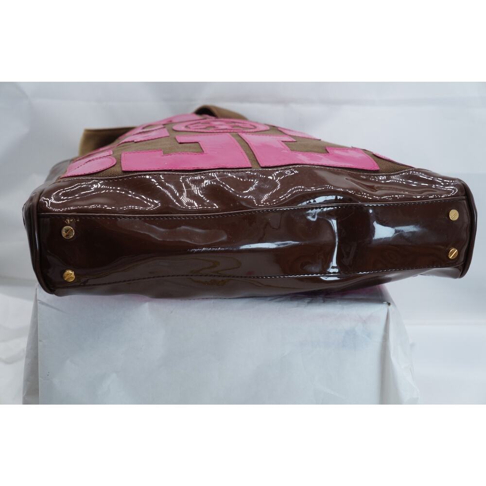 TORY BURCH TALL CANVAS & PATENT PINK & BROWN TOTE - Picture 7 of 9